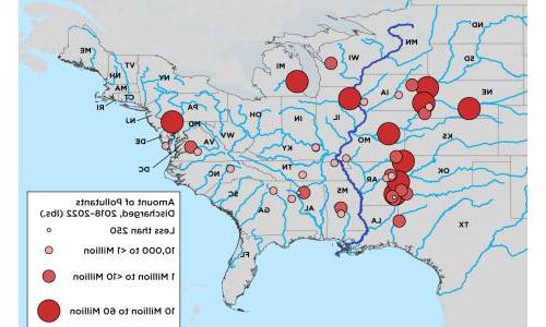 A map of the United States with circles in shades of red that represent Tyson meat processing plants, with the size of the circles based on the amount of pollutants discharged